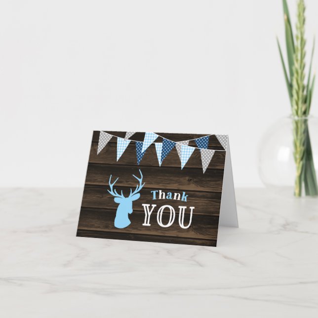 Rustic Wood Blue Deer Thank You Card (Front)
