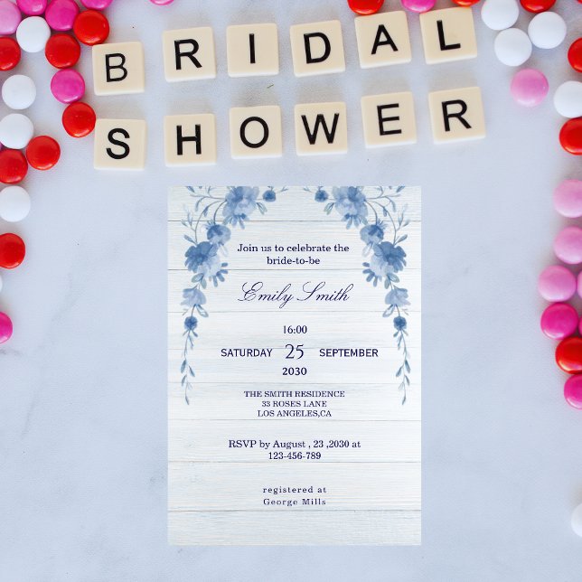 Rustic Wood Blue Floral  Bridal Shower Invitation (Creator Uploaded)