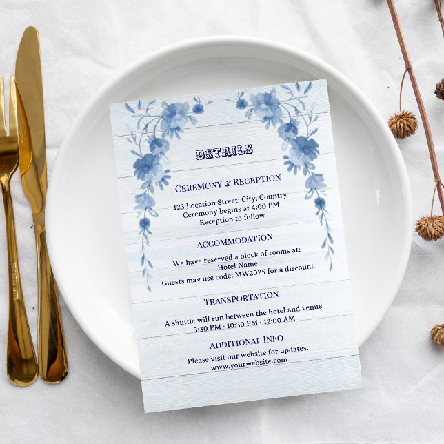 Rustic Wood  Blue Floral Elegant Wedding  Enclosure Card (Creator Uploaded)