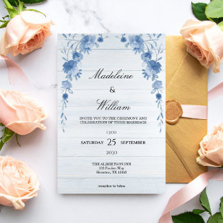 Rustic Wood  Blue Floral Elegant Wedding  Invitation