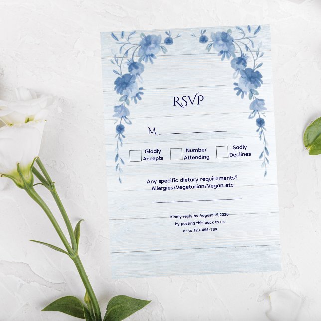 Rustic Wood  Blue Floral Elegant Wedding  RSVP Card (Creator Uploaded)