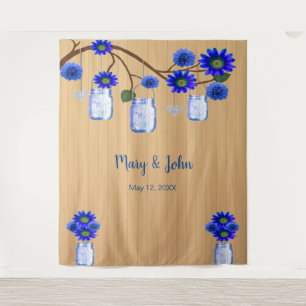 Rustic Wood Blue Floral Mason Jars Photo Backdrop Tapestry
