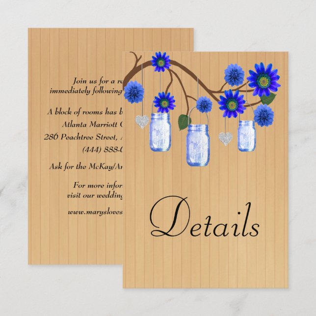 Rustic Wood Blue Floral Mason Jars Wedding Details Enclosure Card (Front/Back)