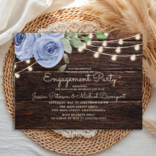 Rustic Wood Blue Floral String Lights Engagement Postcard