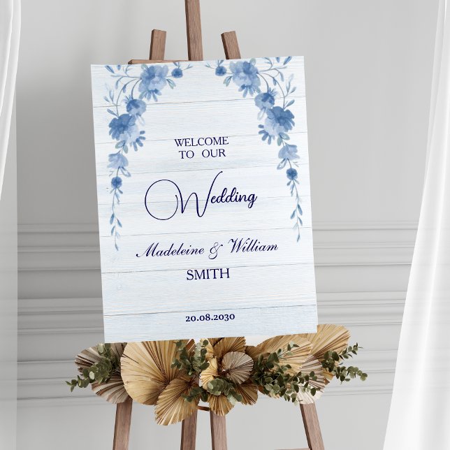 Rustic Wood Blue Floral Wedding Welcome Sign (Creator Uploaded)
