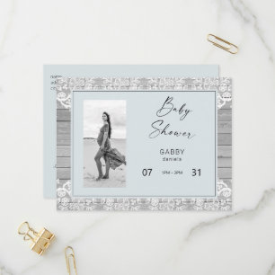 Rustic Wood & Blue Lace Baby Shower  Invitation Postcard