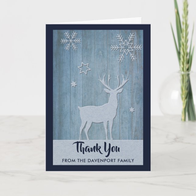 Rustic Wood Blue Reindeer Country Christmas Card (Front)