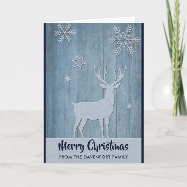 Rustic Wood Blue Reindeer Country Christmas Card (Front)