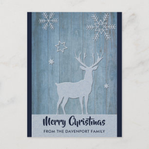 Rustic Wood Blue Reindeer Country Christmas Postcard
