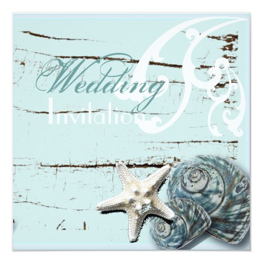 Rustic Wood blue Seashell Coastal Beach Wedding Card