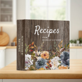 Rustic Wood Blue White Floral Recipe Cookbook 3 Ring Binder
