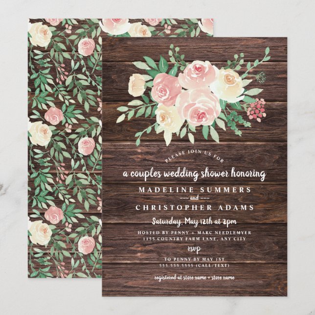 Rustic Wood Blush Floral couples wedding shower Invitation (Front/Back)