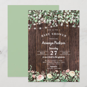 Rustic Wood Blush Floral Lights Baby Shower Invitation