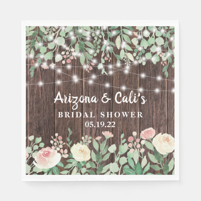 Rustic Wood Blush Floral Lights Bridal Shower Napkin (Front)