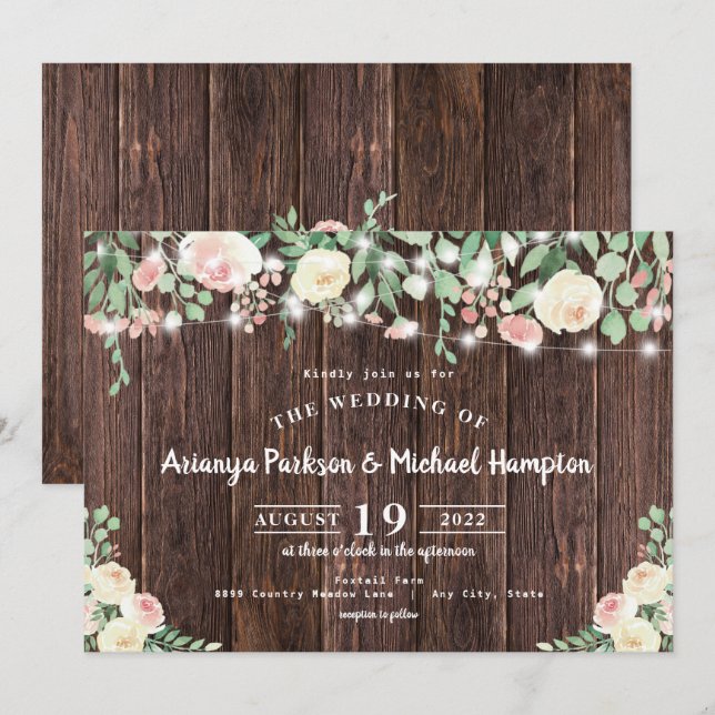 Rustic Wood Blush Floral Lights Wedding Invitation (Front/Back)