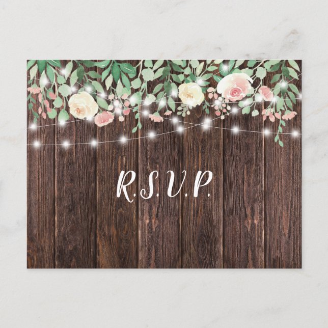 Rustic Wood Blush Floral Lights wedding rsvp Invitation Postcard (Front)