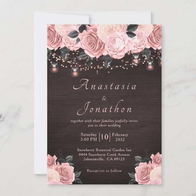 Rustic Wood Blush Floral String Lights Wedding Invitation (Front)