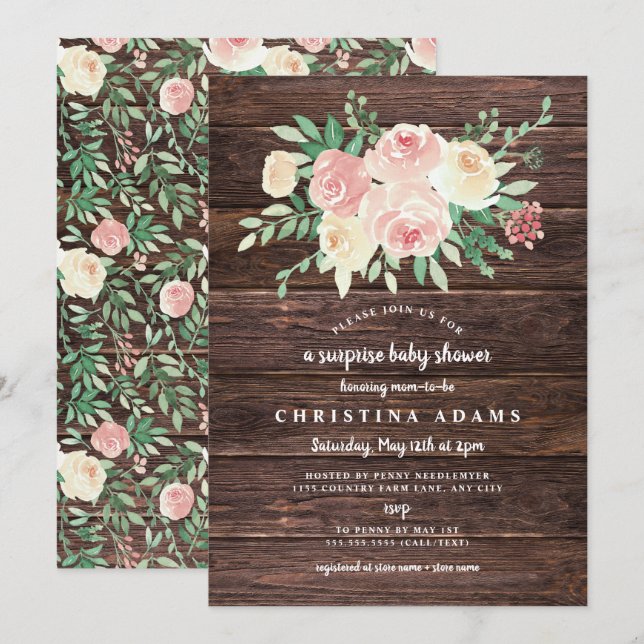 Rustic Wood Blush Floral surprise baby shower Invitation (Front/Back)