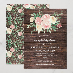 Rustic Wood Blush Floral surprise baby shower Invitation
