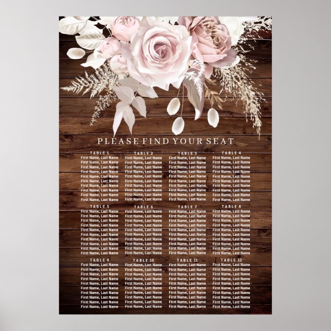 Rustic Wood Blush Floral Wedding Seating Chart (Front)