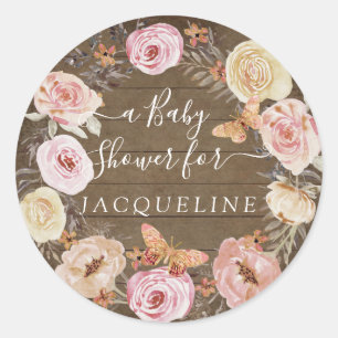 Rustic Wood Blush Floral Wreath w Butterflies Classic Round Sticker