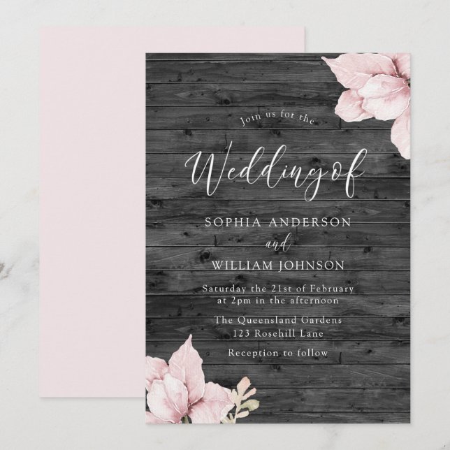 Rustic Wood Blush Flowers Wedding Invitation (Front/Back)