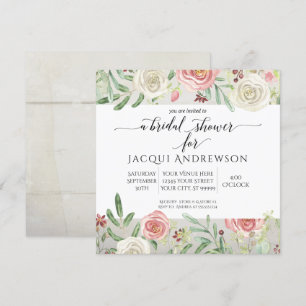Rustic Wood Blush Ivory Rose Floral Bridal Shower Invitation