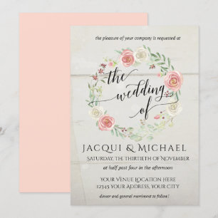 Rustic Wood Blush Ivory Roses Leaf Wreath Wedding Invitation
