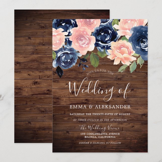 Rustic Wood Blush & Navy Floral Wedding Invitation (Front/Back)