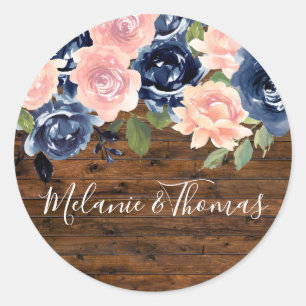 Rustic Wood Blush & Navy Wedding Engagement Party Classic Round Sticker