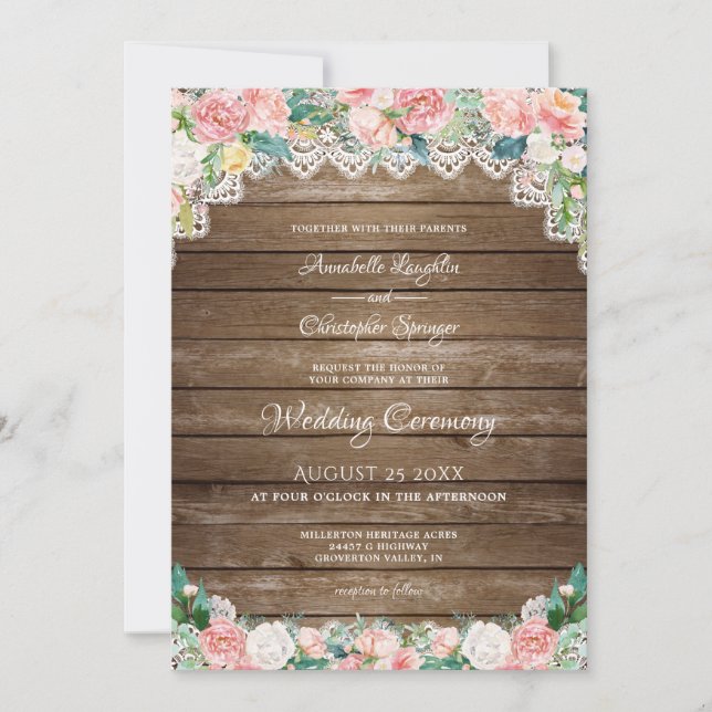 Rustic Wood Blush Pink Floral and Lace Wedding Invitation (Front)
