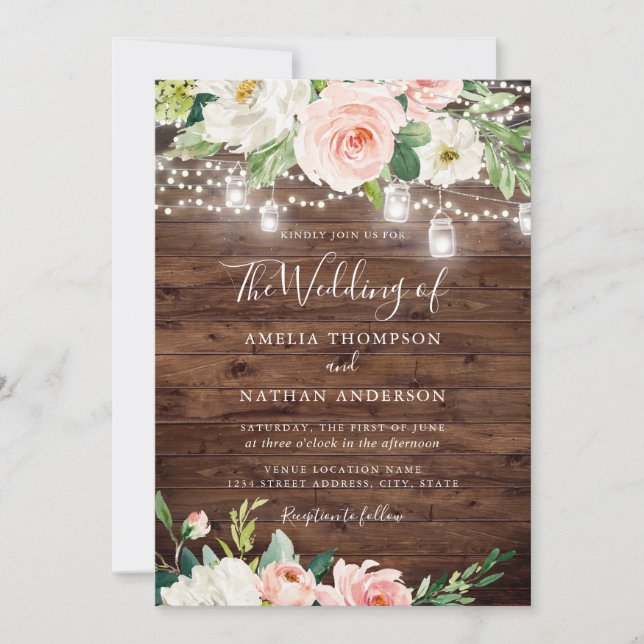 Rustic Wood Blush Pink Floral Lights Wedding Invitation (Front)