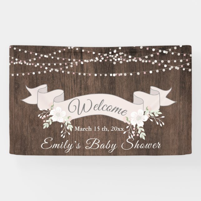Rustic wood blush ribbon baby shower banner (Horizontal)