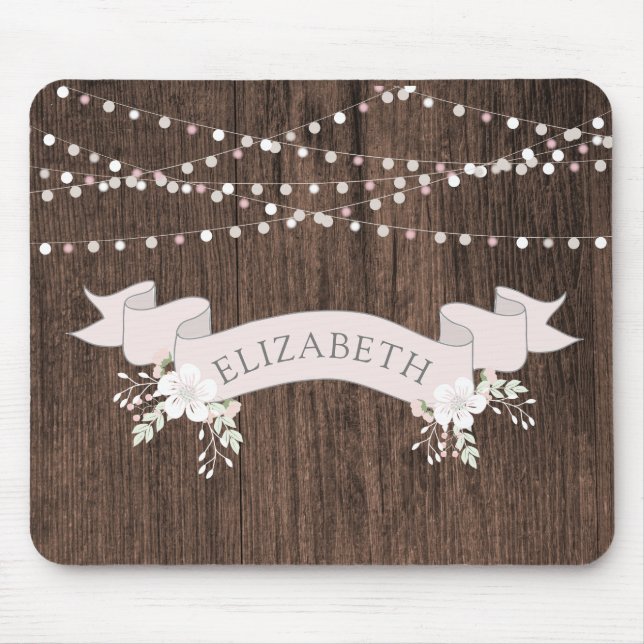 Rustic wood blush ribbon monogram mouse mat (Front)