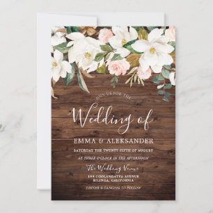 Rustic Wood Blush & White Floral Wedding Invitation
