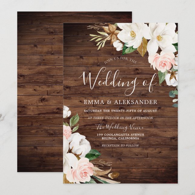 Rustic Wood Blush & White Flowers Wedding Invitation (Front/Back)
