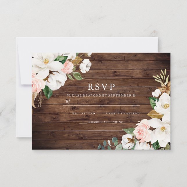 Rustic Wood Blush & White Flowers Wedding RSVP Card (Front)
