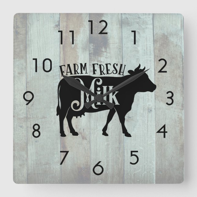 Rustic Wood Boards Cow Silhouette Farm Fresh Milk Square Wall Clock (Front)