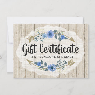 Rustic Wood & Bohemian Arrow Gift Certificate Card