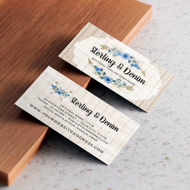 Rustic Wood & Bohemian Watercolor Floral Arrows Business Card (Creator Uploaded)
