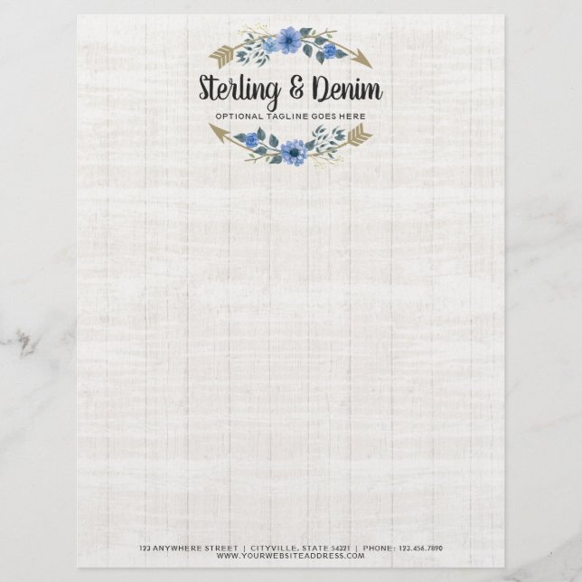 Rustic Wood & Bohemian Watercolor Floral Arrows Custom Letterhead (Front)