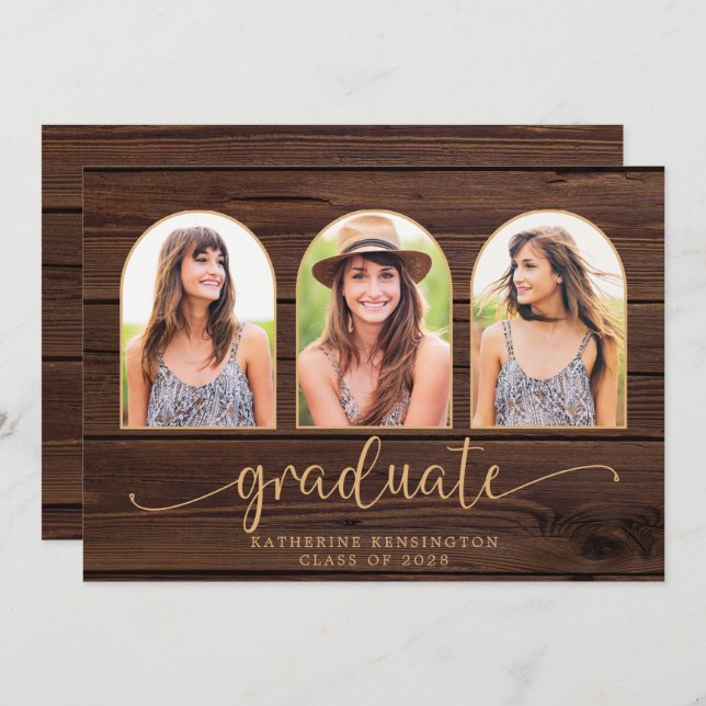 Rustic Wood Boho Arch Gold 3 Photo Graduation Invitation (Front/Back)