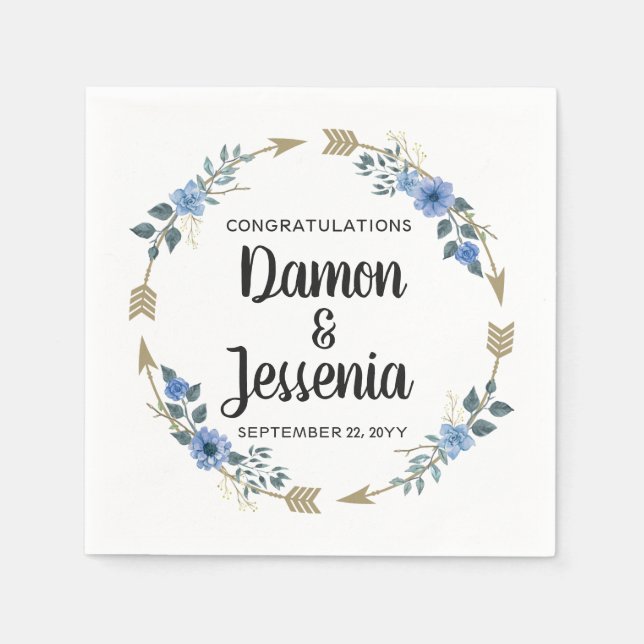 Rustic Wood Boho Arrows & Blue Floral Wedding Napkin (Front)