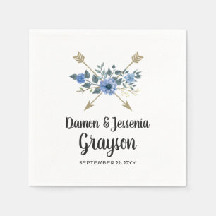 Rustic Wood Boho Arrows & Blue Floral Wedding Napkin