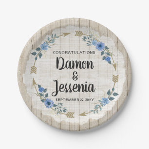 Rustic Wood Boho Arrows & Blue Floral Wedding Paper Plate