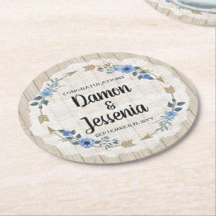 Rustic Wood Boho Arrows & Blue Floral Wedding Round Paper Coaster