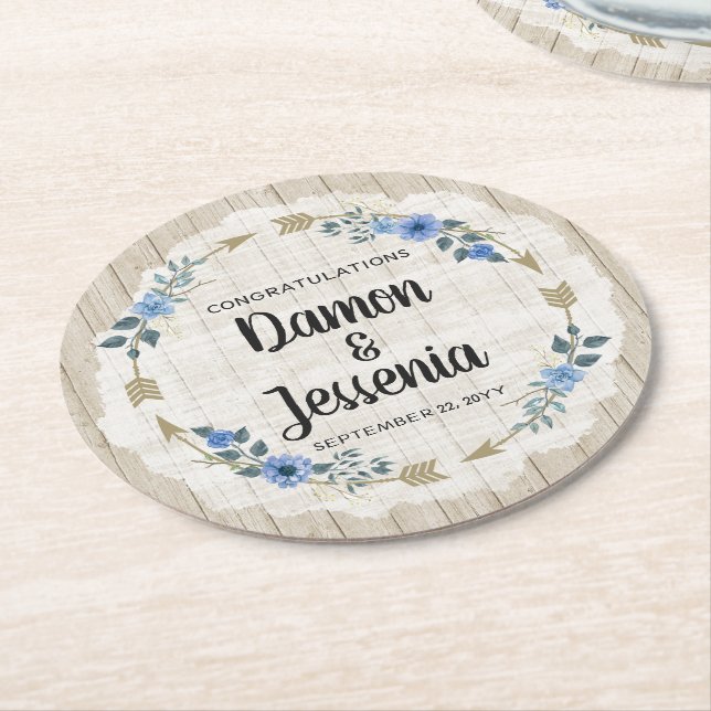 Rustic Wood Boho Arrows & Blue Floral Wedding Round Paper Coaster (Angled)