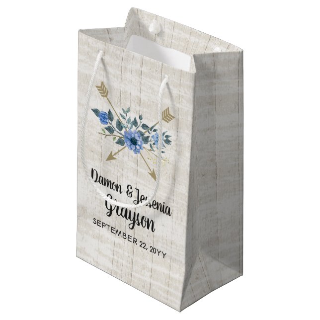 Rustic Wood Boho Arrows & Blue Floral Wedding Small Gift Bag (Front Angled)
