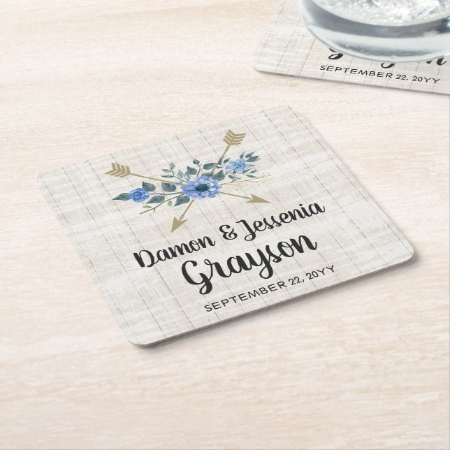 Rustic Wood Boho Arrows & Blue Floral Wedding Square Paper Coaster (Angled)