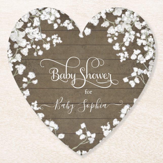 Rustic Wood Boho Baby's Breath Floral Baby Shower Paper Coaster (Front)